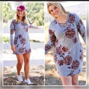 Maurices Gray and Purple Floral Long Sleeve Dress